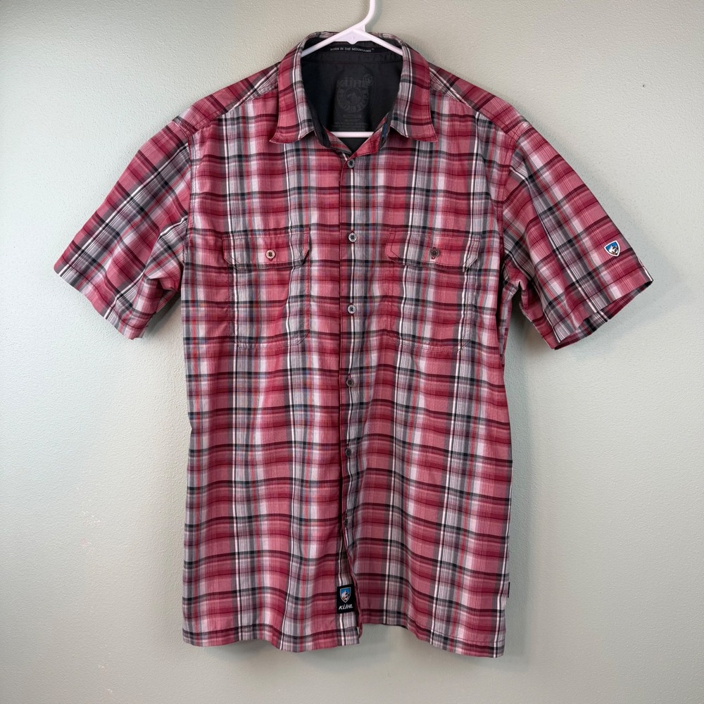 Kuhl Mens Medium Red Plaid Short Sleeve Button Down Shirt Hiking Outdoor Pockets